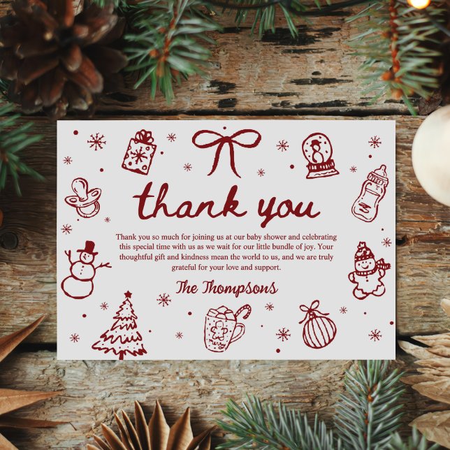 Whimsical Red Hand Drawn Christmas Baby Shower Tack Kort (Skapare uppladdad)