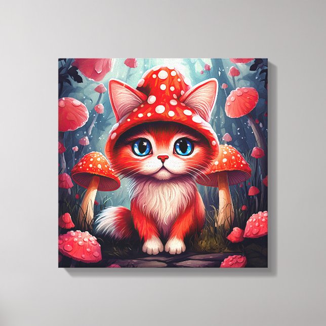 Whimsical Red Mushroom Cat Stretched Canvas (Framsida)