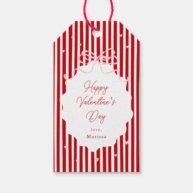 Whimsical Red Pink Bow Hearts Happy Valentines Day Presentetikett (Framsidan)