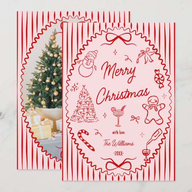 Whimsical Red Pink Hand Drawn Christmas Photo  Julkort (Fram/baksida)