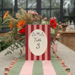 Whimsical Red Pink Striped Wedding Table Number  Bordsnummer<br><div class="desc">Add a playful yet elegant touch to your wedding reception with this Whimsical Red and Pink Striped Table Number Card. Featuring hand-drawn doves tied with a ribbon and bold vintage stripes, this design beautifully blends romance and nostalgia. Perfect for retro, bohemian, or holiday-themed weddings — a charming way to guide...</div>