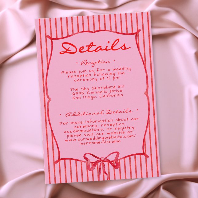 Whimsical Red Pink Watercolor Bow Stripe Wedding Tilläggskort (Whimsical Red Pink Watercolor Bow Stripe Wedding Enclosure Card)