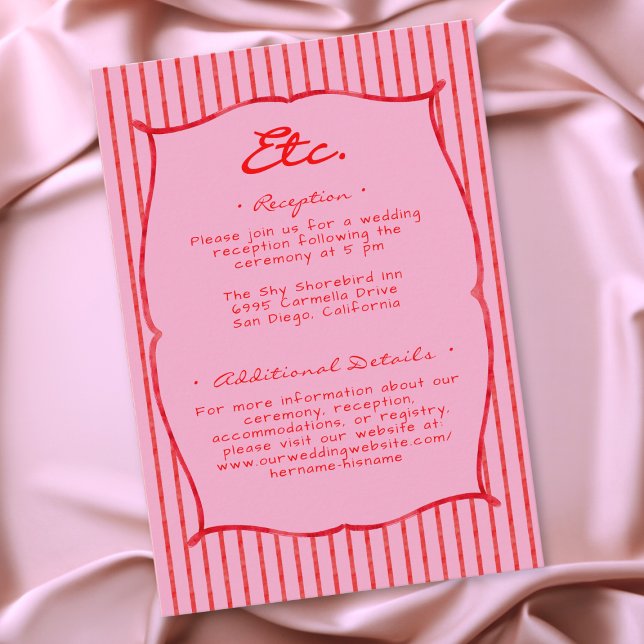 Whimsical Red Pink Watercolor Stripe Wedding Tilläggskort (Whimsical Red Pink Watercolor Stripe Wedding Enclosure Card)