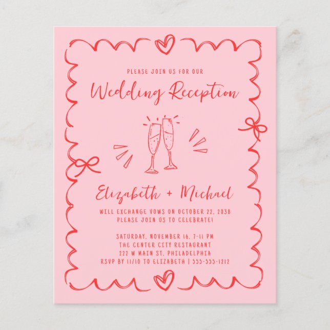 Whimsical Red Pink Wedding Reception Invitation (Framsida)