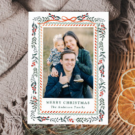 Whimsical Red Ribbon and Greenery 2 Photo Julkort