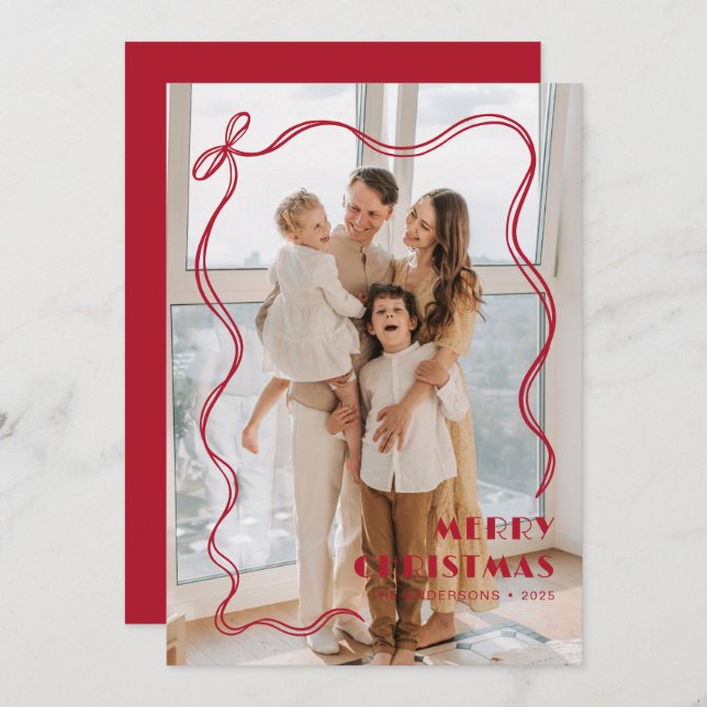 Whimsical Red Ribbon Family Photo God jul Julkort (Fram/baksida)