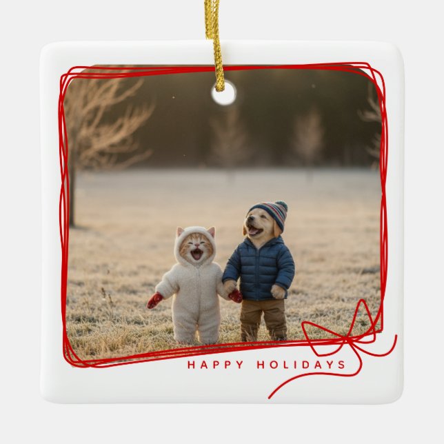 Whimsical Red Ribbon Frame Holiday Photo Julgransprydnad Keramik (Framsida)