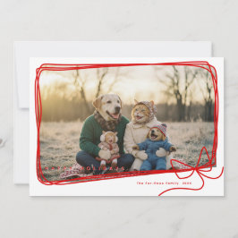 Whimsical Red Ribbon Frame Holiday Photo Kort
