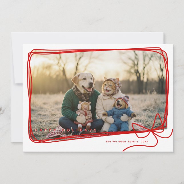 Whimsical Red Ribbon Frame Holiday Photo Kort (Framsida)