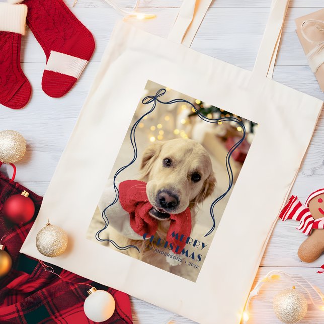Whimsical Red Ribbon God jul Pet Photo Tygkasse (Skapare uppladdad)