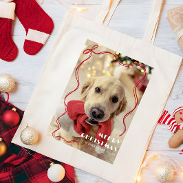 Whimsical Red Ribbon God jul Pet Photo Tygkasse