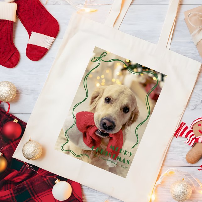Whimsical Red Ribbon God jul Pet Photo Tygkasse (Skapare uppladdad)