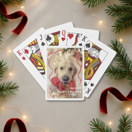Whimsical Red Ribbon Pet Photo God jul Casinokort