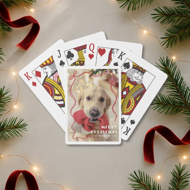 Whimsical Red Ribbon Pet Photo God jul Casinokort (Skapare uppladdad)