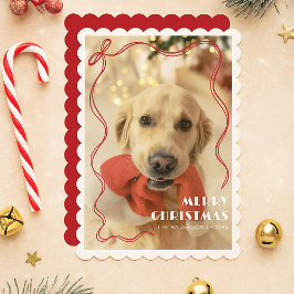Whimsical Red Ribbon Pet Photo God jul Julkort
