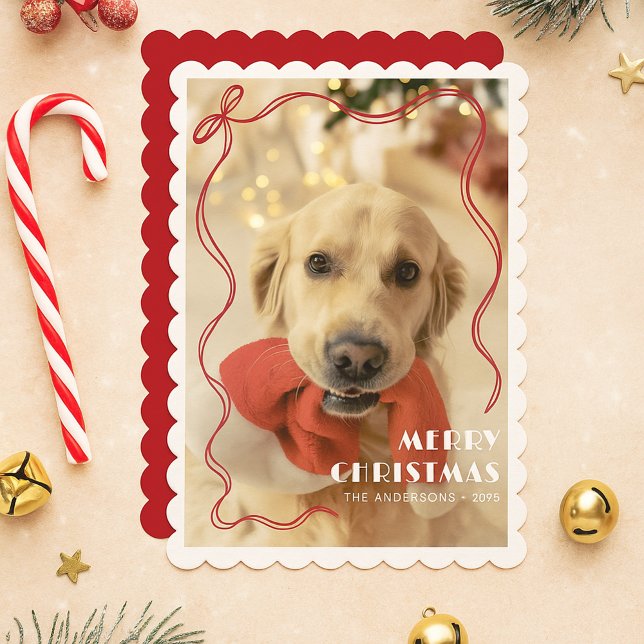 Whimsical Red Ribbon Pet Photo God jul Julkort (Skapare uppladdad)