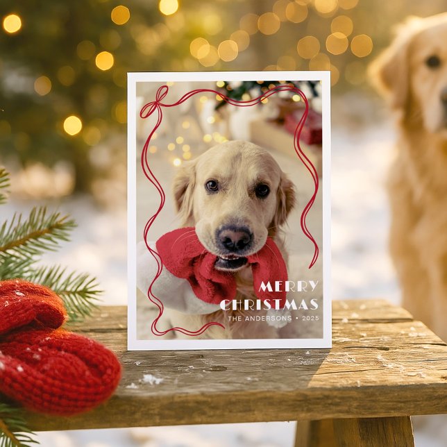 Whimsical Red Ribbon Pet Photo God jul Julkort (Skapare uppladdad)