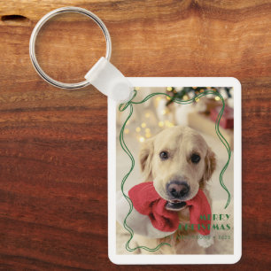 Whimsical Red Ribbon Pet Photo God jul Nyckelring