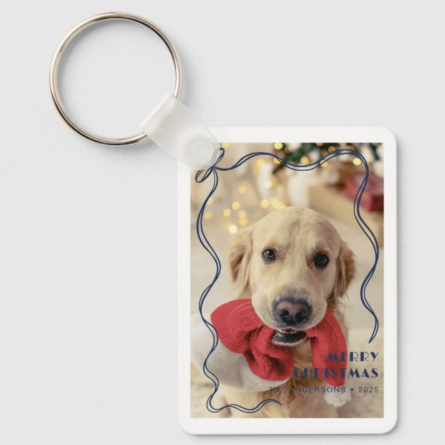Whimsical Red Ribbon Pet Photo God jul Nyckelring (Framsida)