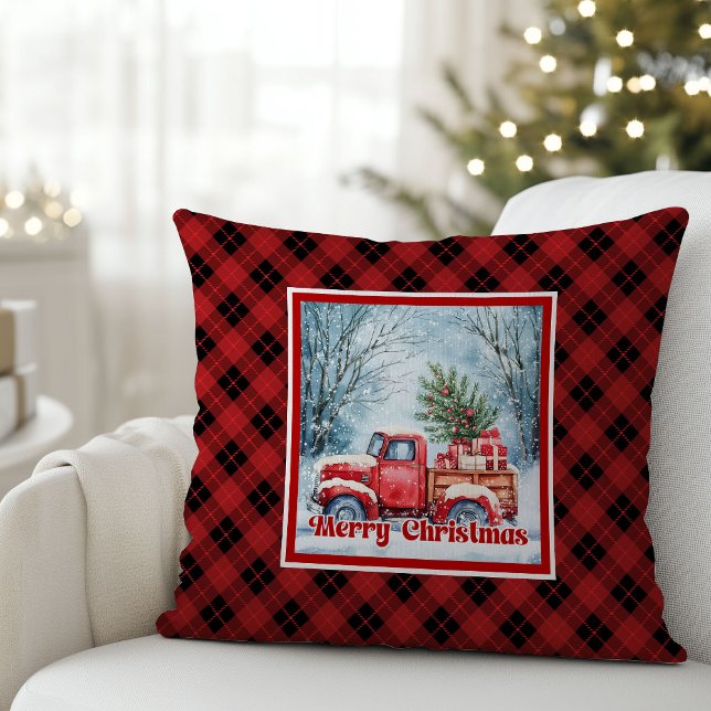 Whimsical red truck Christmas scene rustic festive Kudde (Whimsical red truck Christmas scene rustic festive pillow

)