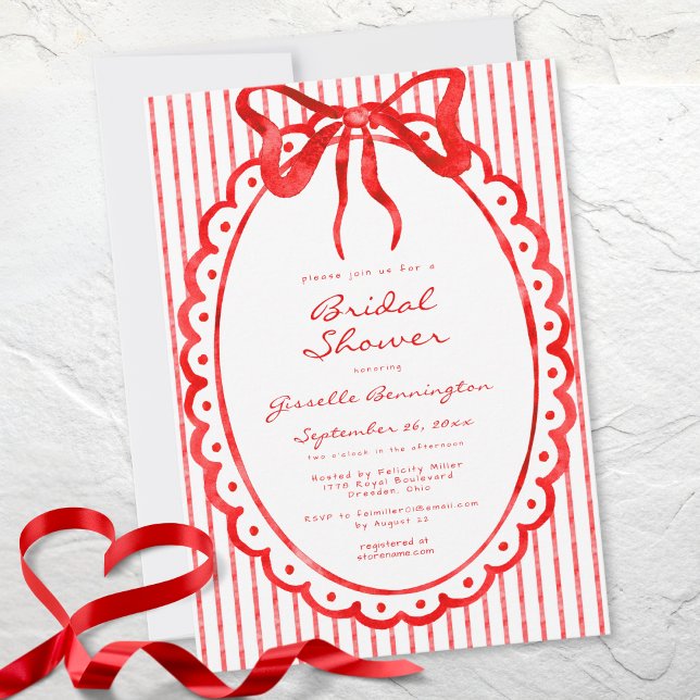 Whimsical Red Watercolor Bow Stripe Bridal Shower Inbjudningar (Whimsical Red Watercolor Bow Stripe Bridal Shower Invitation)