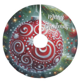 Whimsical Red White Ornament Swirls Säsong Julgransmatta Borstad Polyester