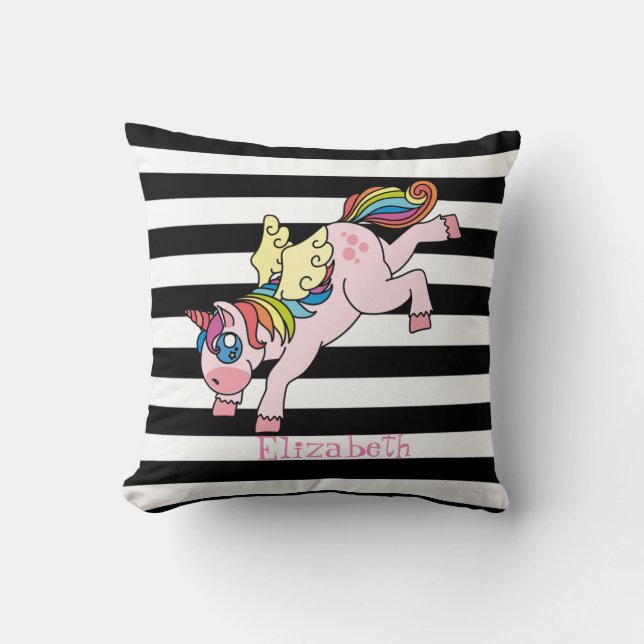Whimsical regnbåge enhörning, randig kudde (Framsida)