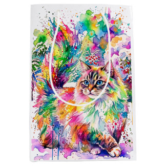 Whimsical Regnbåge Vattenfärg Fluffig Katt på Vint