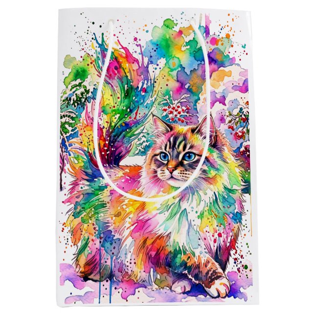 Whimsical Regnbåge Vattenfärg Fluffig Katt på Vint (Framsidan)