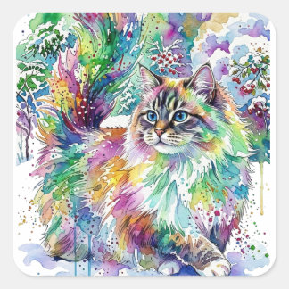 Whimsical Regnbåge Vattenfärg Fluffig Katt på Vint Fyrkantigt Klistermärke