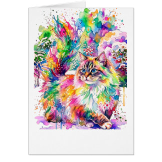 Whimsical Regnbåge Vattenfärg Fluffig Katt på Vint Hälsningskort