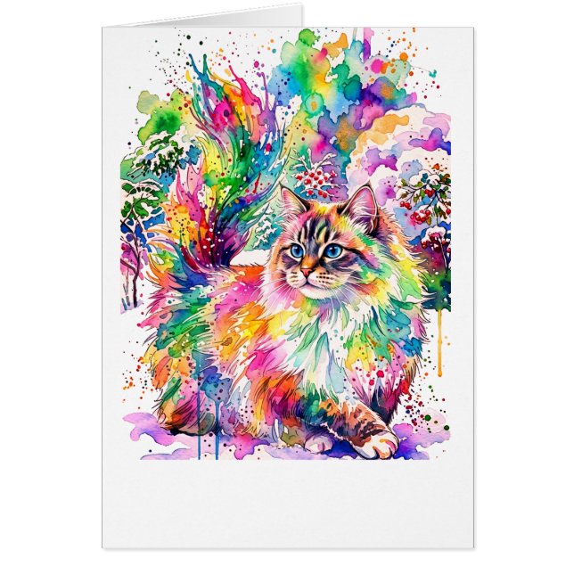Whimsical Regnbåge Vattenfärg Fluffig Katt på Vint Hälsningskort (Framsidan)