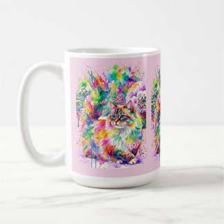 Whimsical Regnbåge Vattenfärg Fluffig Katt på Vint Kaffemugg