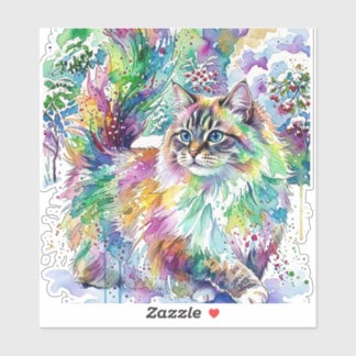 Whimsical Regnbåge Vattenfärg Fluffig Katt på Vint Klistermärken