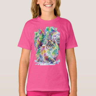 Whimsical Regnbåge Vattenfärg Fluffig Katt på Vint T Shirt