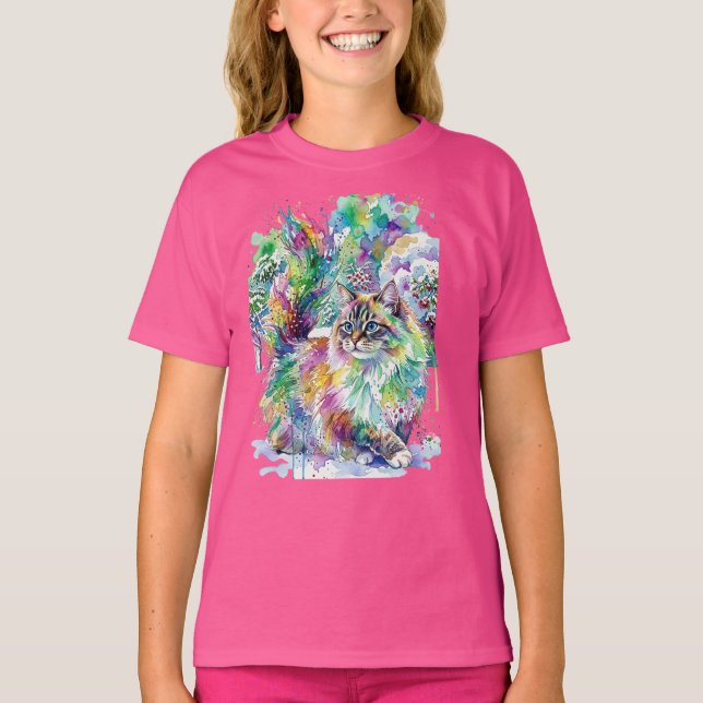 Whimsical Regnbåge Vattenfärg Fluffig Katt på Vint T Shirt (Framsida)