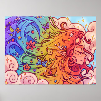 Whimsical regnbågshår älvaaffisch poster
