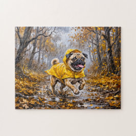 Whimsical Regnig November Skog Mops Illustration Pussel