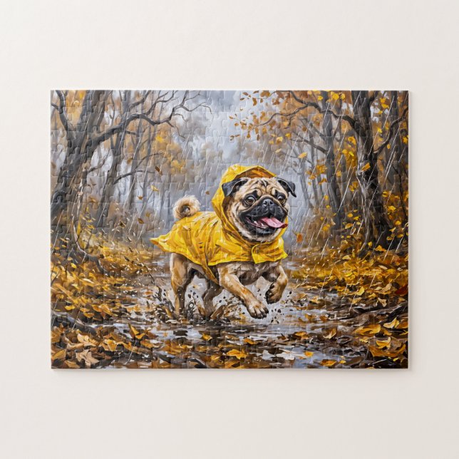 Whimsical Regnig November Skog Mops Illustration Pussel (Horisontell)