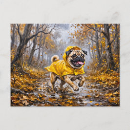 Whimsical Regnig November Skog Mops Illustration Vykort