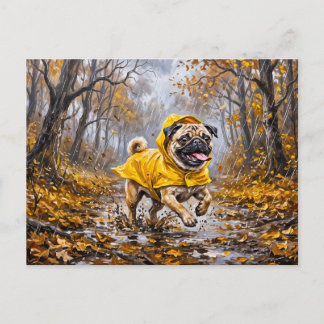 Whimsical Regnig November Skog Mops Illustration Vykort