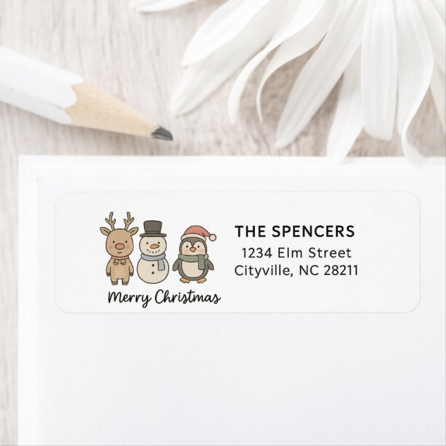 Whimsical Reindeer, Snowman & Penguin Christmas Returadress Etikett (Insitu)