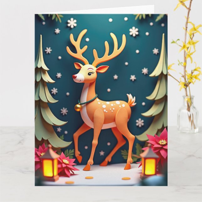 Whimsical Ren i Snöig Skog Jul Konst Kort (Gul blomma)