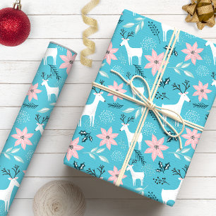 Whimsical Renar & Poinsettia Blommig Jul Presentpapper