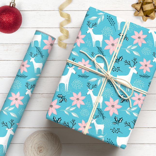 Whimsical Renar & Poinsettia Blommig Jul Presentpapper (Skapare uppladdad)