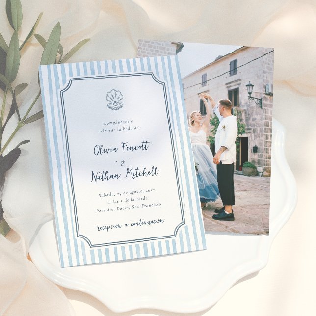Whimsical Retro Blue Stripes Spanish Wedding Inbjudningar (Skapare uppladdad)
