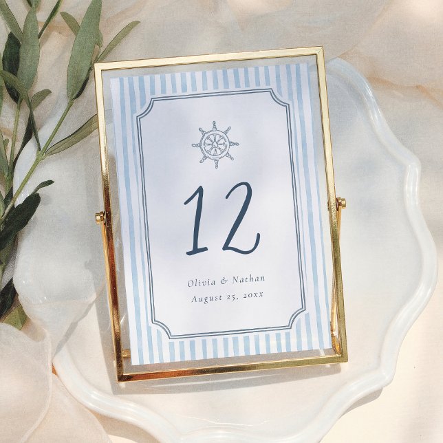 Whimsical Retro Blue Stripes Wedding Table Number Bordsnummer (Skapare uppladdad)