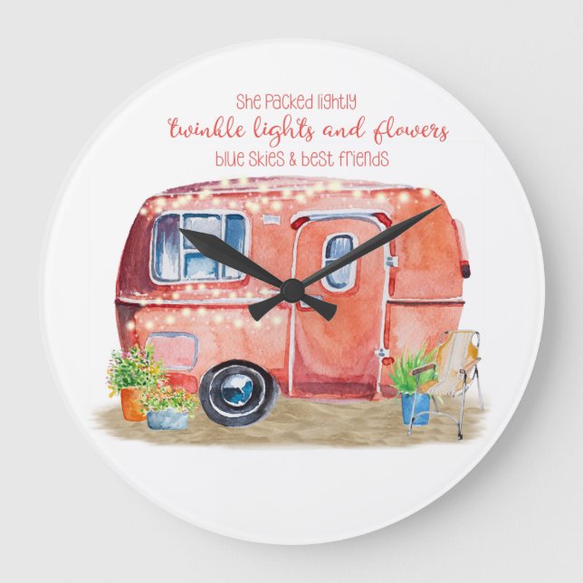 Whimsical Retro Camper Caravan Friends Quote Stor Klocka (Framsida)