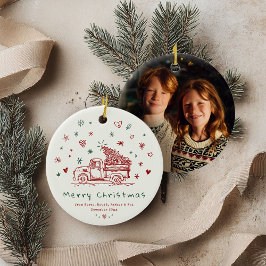Whimsical Retro-familjfoto i Lastbil Julgransprydnad Keramik
