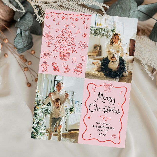 Whimsical Retro God jul Vågigt Ram 2-foto Julkort (Skapare uppladdad)